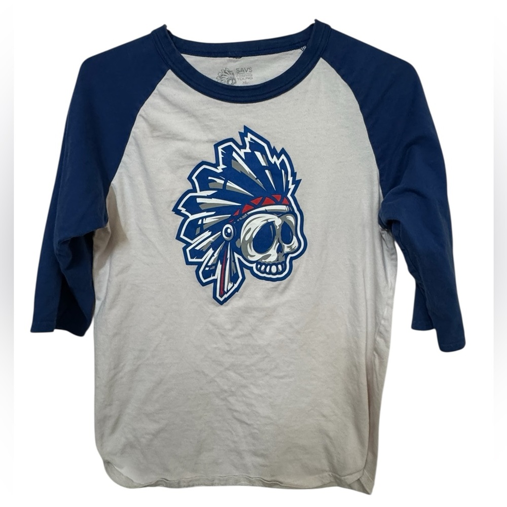 SAVS Blue & White Boys XL Skull Indian Chief Skull Skate Raglan Tee Women’s XS